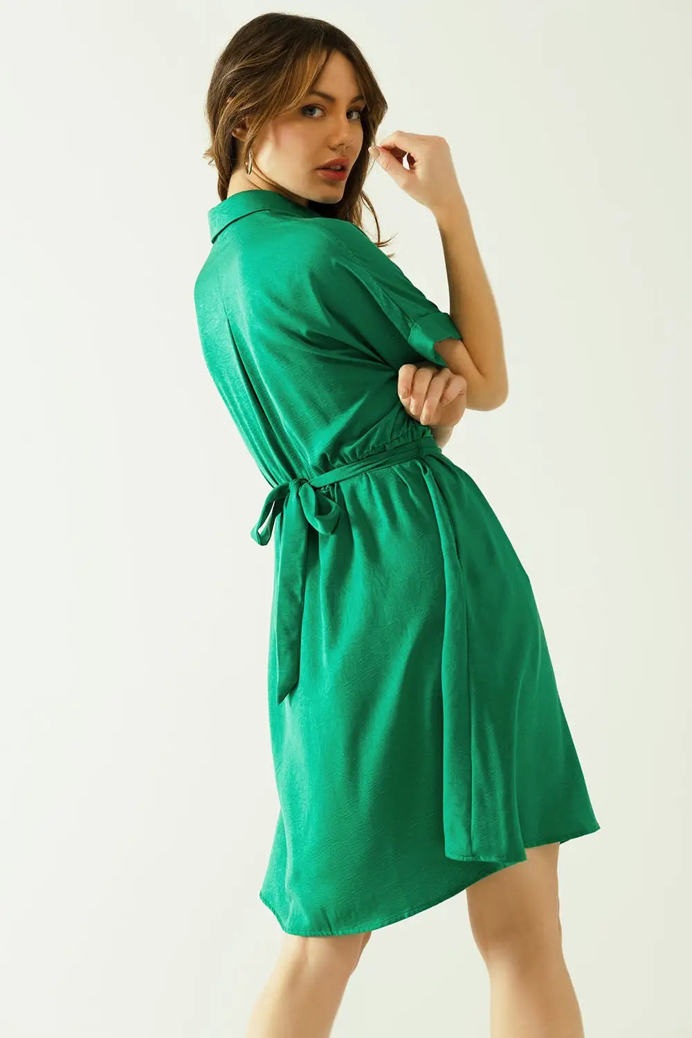 Relaxed belted mini dress with button placked down the front in green - Dresses
