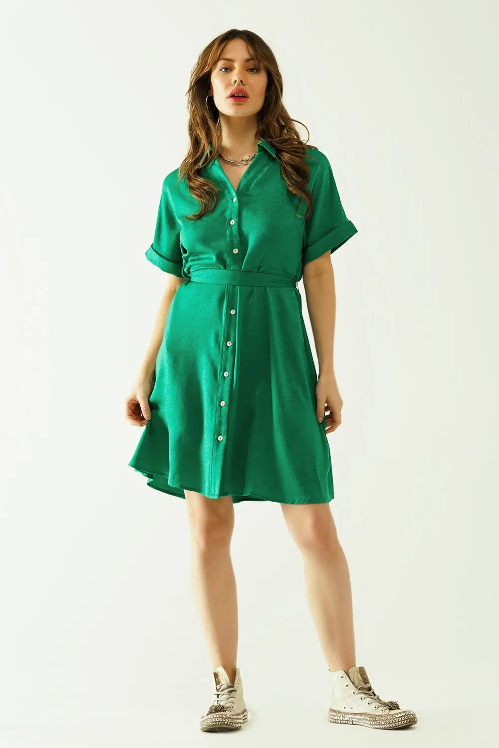 Relaxed belted mini dress with button placked down the front in green - Dresses