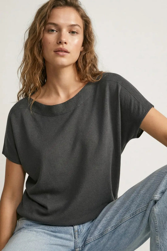 Relaxed black boatneck sweater with dropped sleeves - One Size / Black - Sweaters