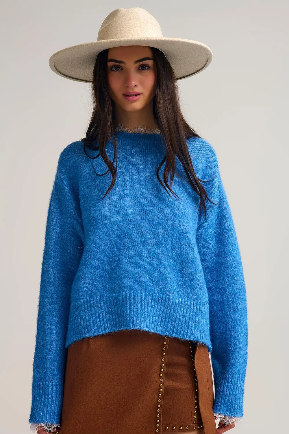 Relaxed Blue Sweater With Lace Details at Cuffs and Neck - One Size / Blue - Sweaters