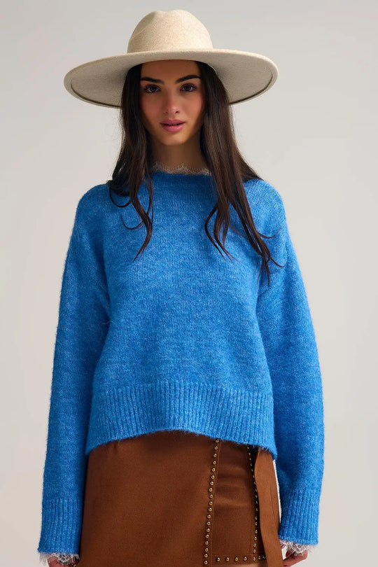 Relaxed Blue Sweater With Lace Details at Cuffs and Neck - One Size / Blue - Sweaters