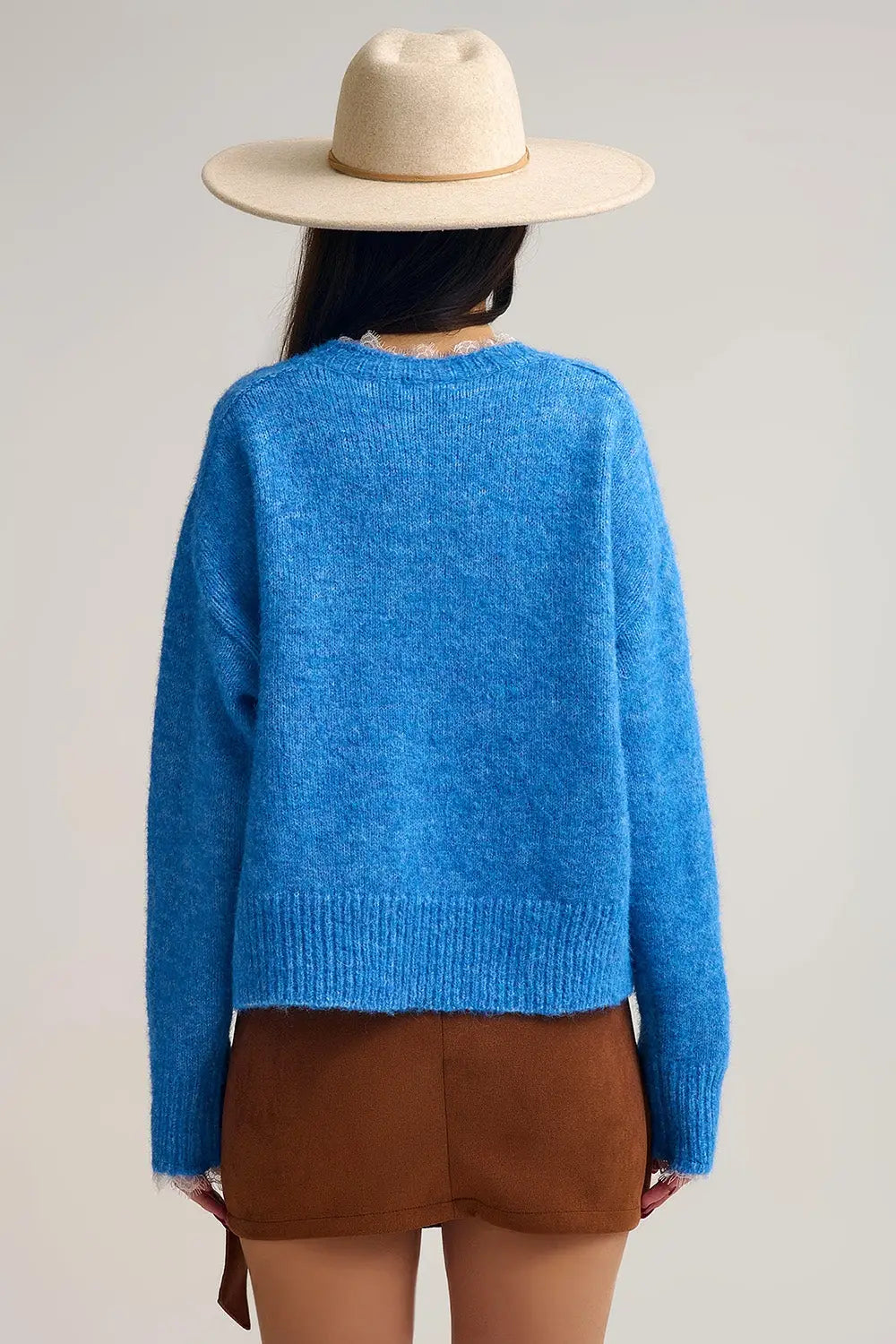 Relaxed Blue Sweater With Lace Details at Cuffs and Neck - One Size / Blue - Sweaters