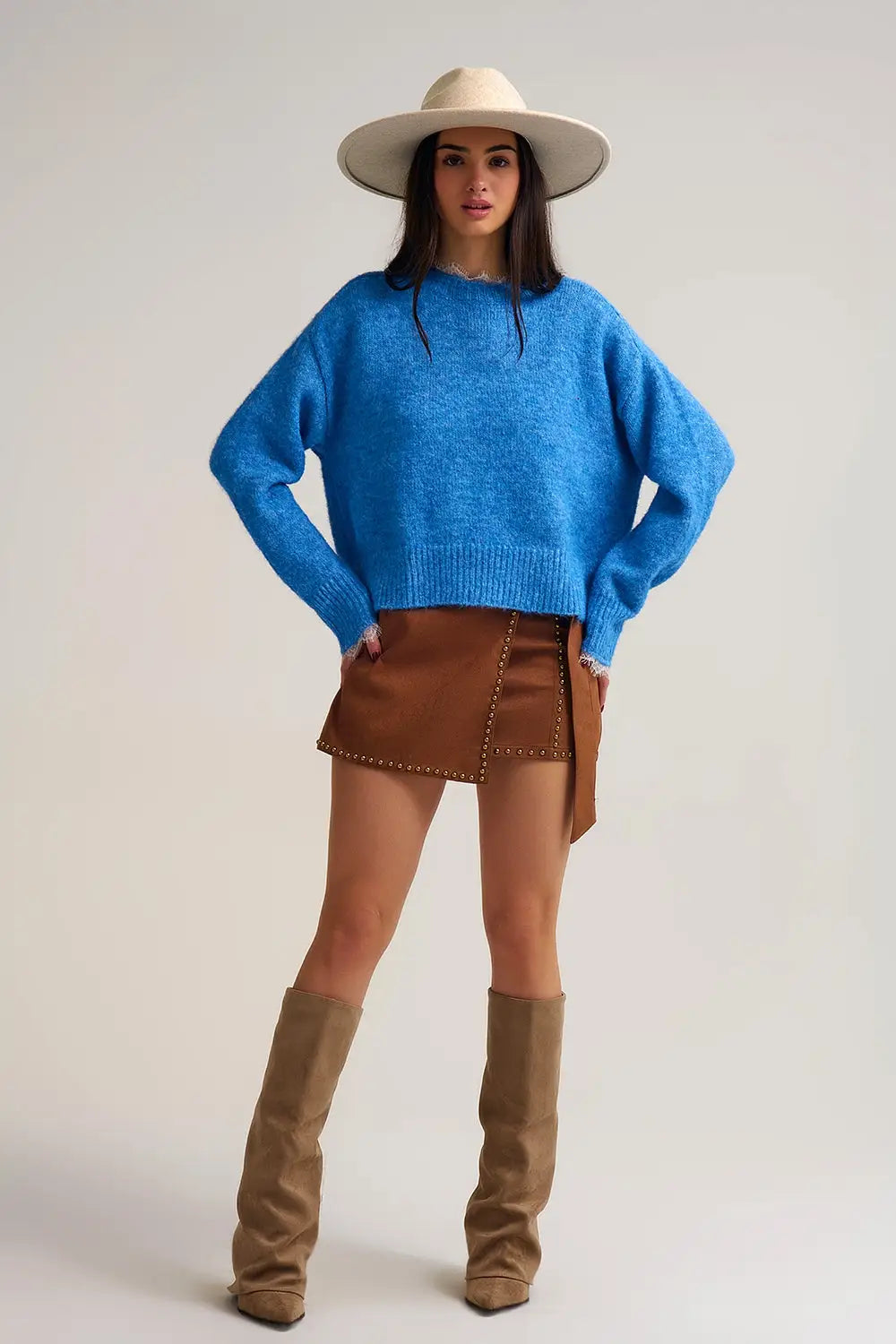 Relaxed Blue Sweater With Lace Details at Cuffs and Neck - One Size / Blue - Sweaters