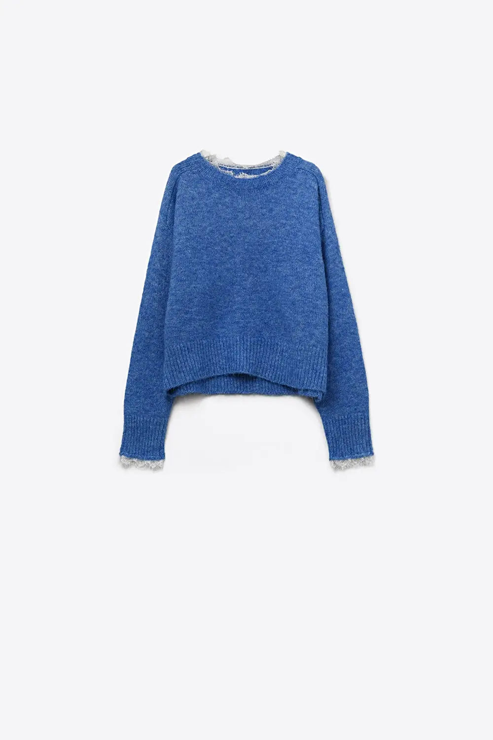 Relaxed Blue Sweater With Lace Details at Cuffs and Neck - One Size / Blue - Sweaters