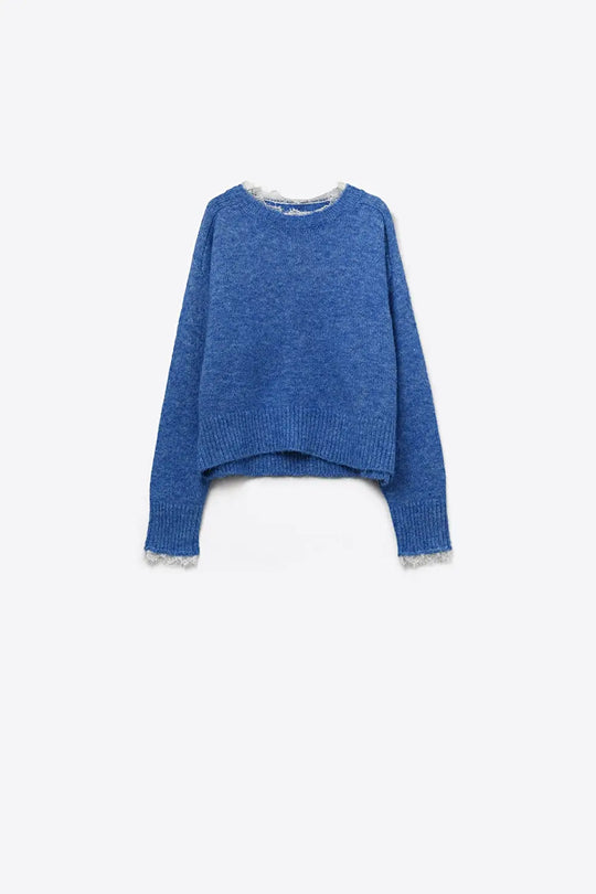 Relaxed Blue Sweater With Lace Details at Cuffs and Neck - One Size / Blue - Sweaters