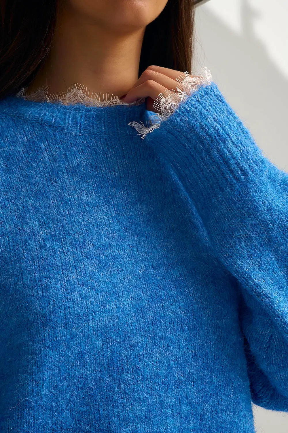Relaxed Blue Sweater With Lace Details at Cuffs and Neck - One Size / Blue - Sweaters