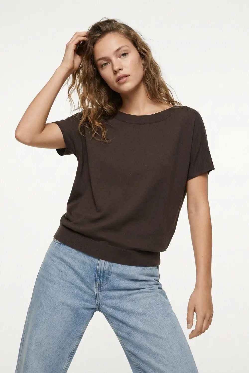 Relaxed brown boatneck sweater with dropped sleeves - One Size / Brown