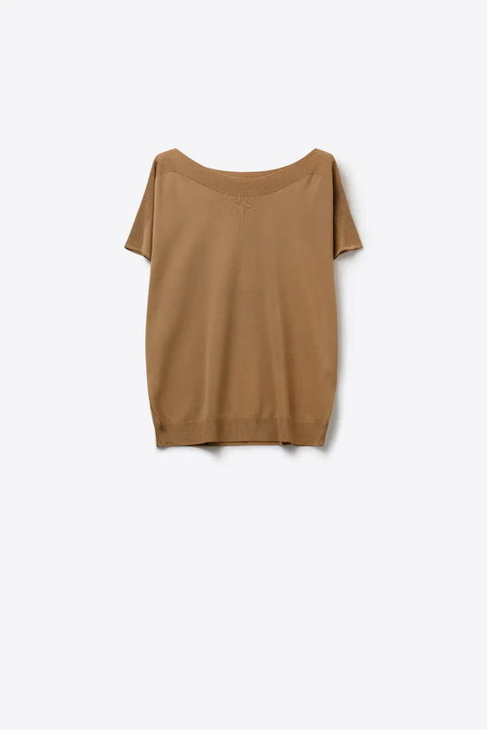Q2 Relaxed camel boatneck sweater with dropped sleeves