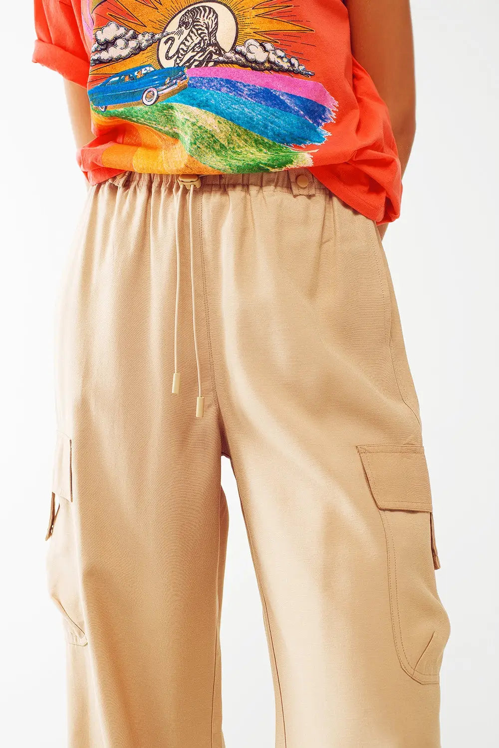 Relaxed Cargo Pants With Drawstring in Beige - Pants