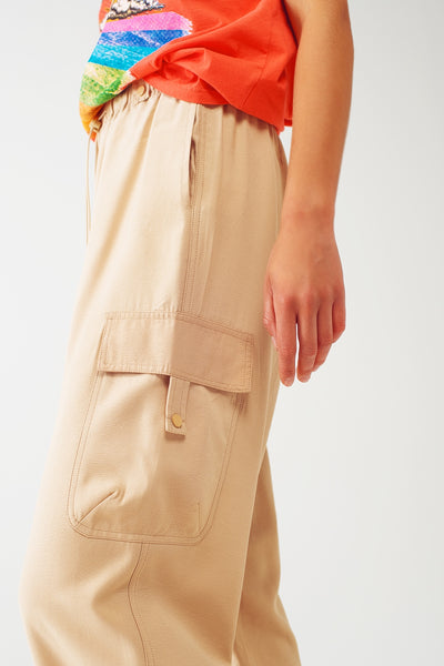Relaxed Cargo Pants With Drawstring in Beige