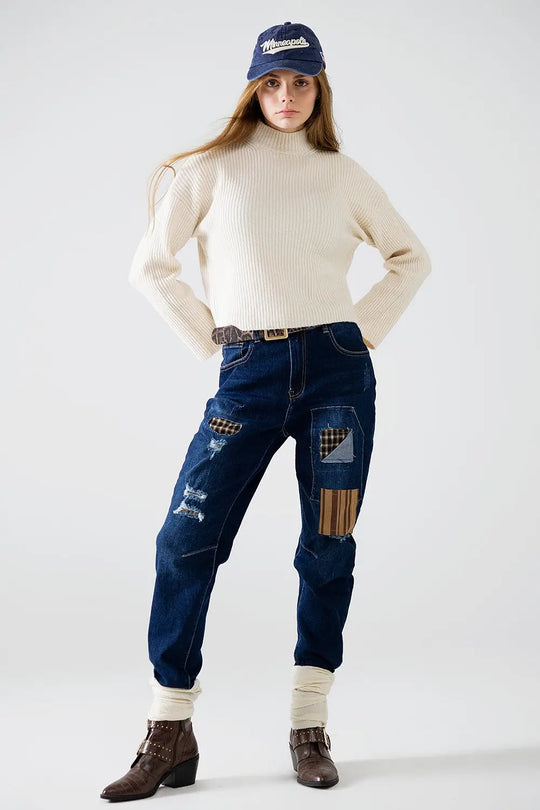 relaxed cream ribbed high neck sweater - Sweaters