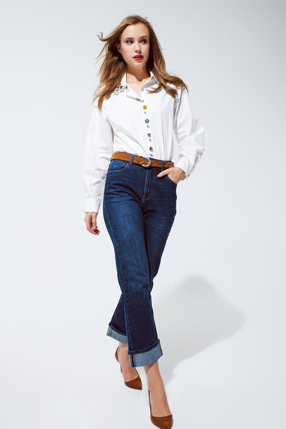 relaxed fit blue jeans with cuffed hem detail