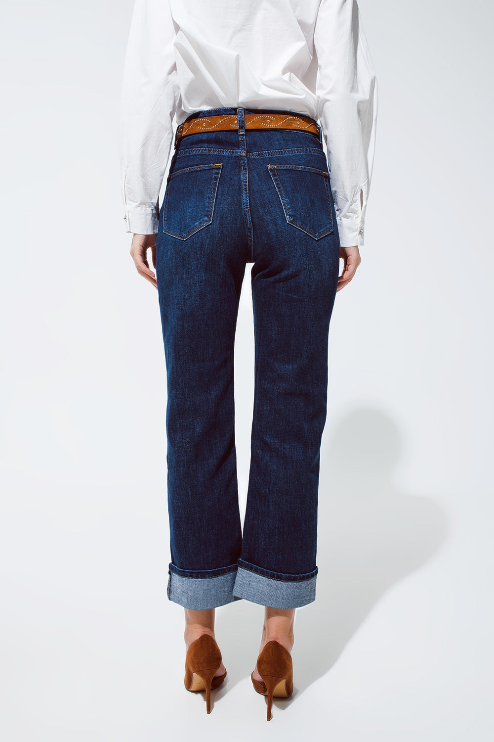 relaxed fit blue jeans with cuffed hem detail