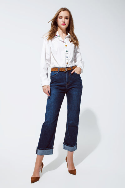 relaxed fit blue jeans with cuffed hem detail