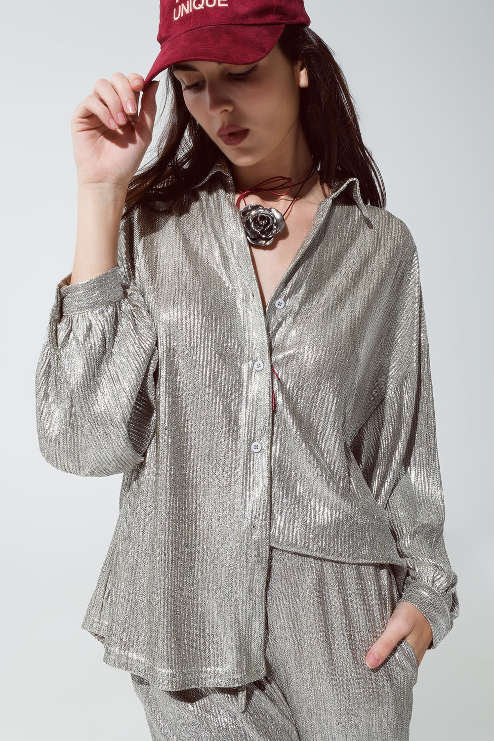 Relaxed Fit Button Down Shirt With Balloon Sleeves in Silver