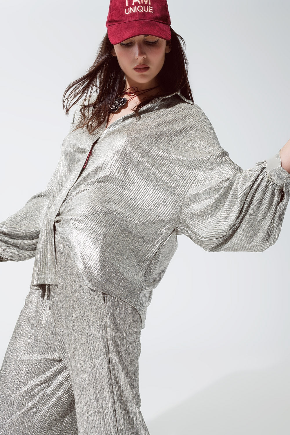 Relaxed Fit Button Down Shirt With Balloon Sleeves in Silver