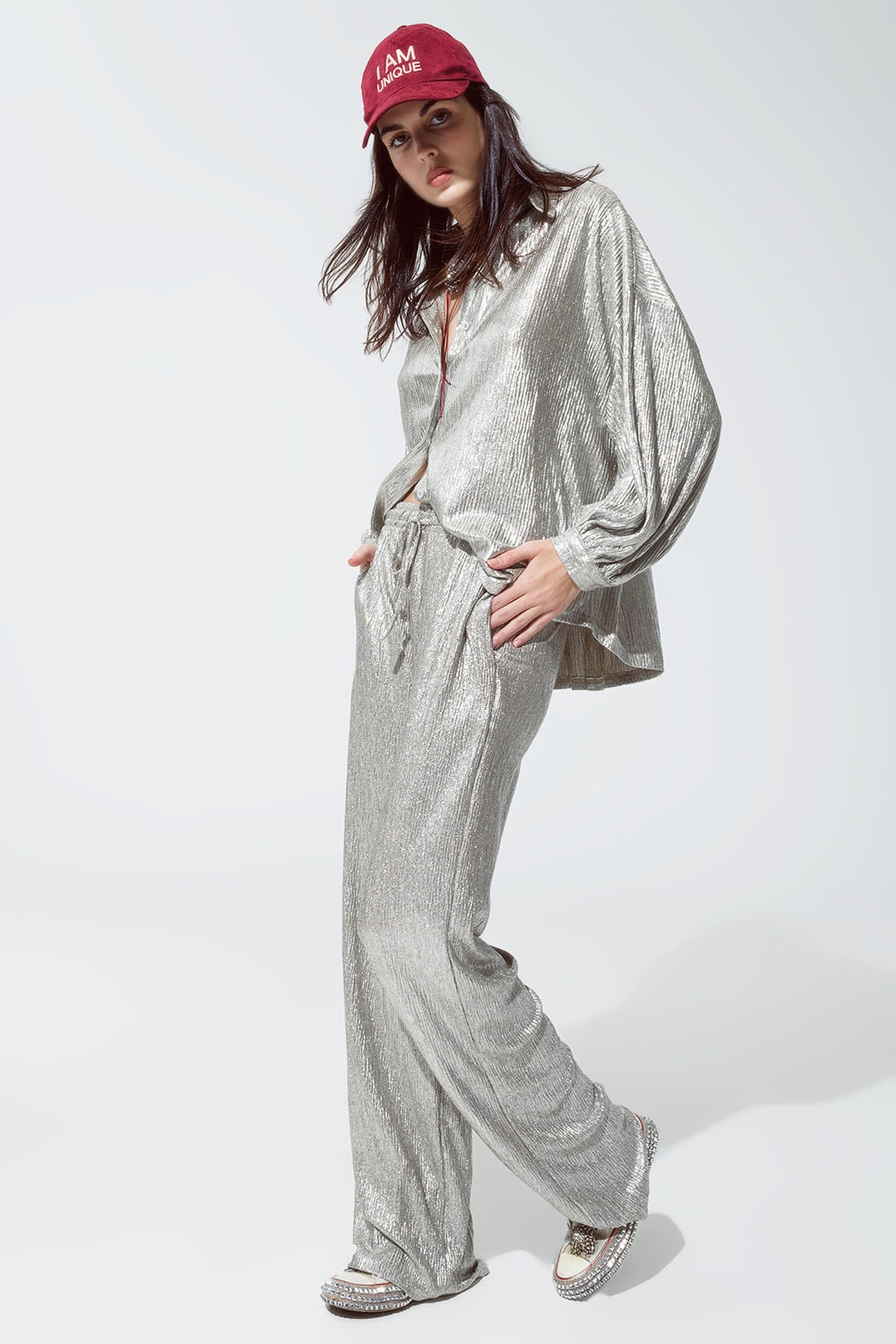 Relaxed Fit Button Down Shirt With Balloon Sleeves in Silver