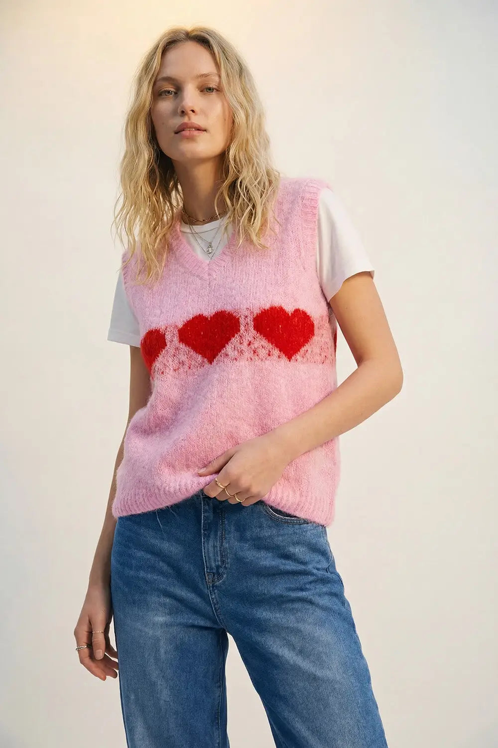 Q2 Relaxed-Fit Fluffy pink Knit Vest with Heart Motif