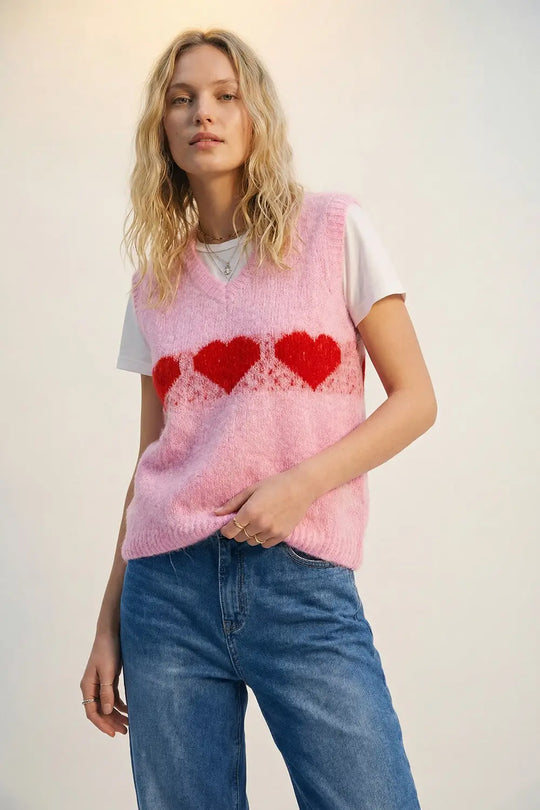 Q2 Relaxed-Fit Fluffy pink Knit Vest with Heart Motif