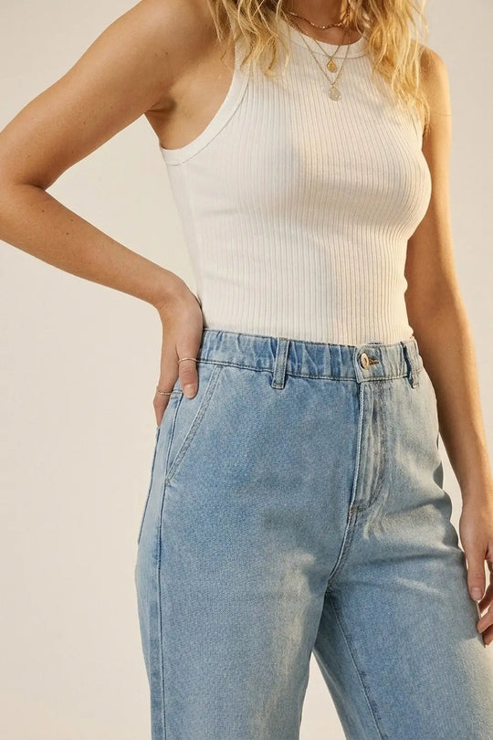 Relaxed Fit Light Wash Elastic Waist Denim Jeans - Jeans