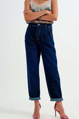 Q2 Relaxed fit pleat front jeans in dark blue