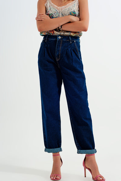 Q2 Relaxed fit pleat front jeans in dark blue