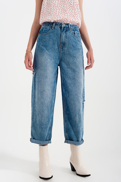 Relaxed fit side rip jeans in mid blue