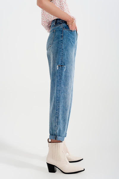 Relaxed fit side rip jeans in mid blue