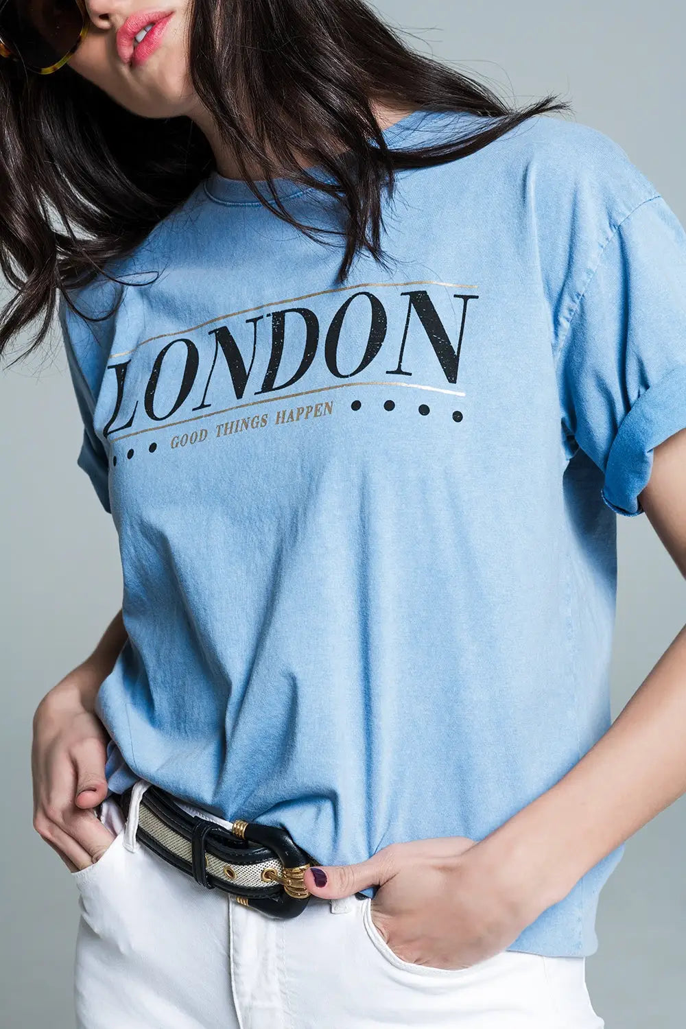 relaxed fit T-shirt in washed baby bue with london logo - One Size / Blue - Tops