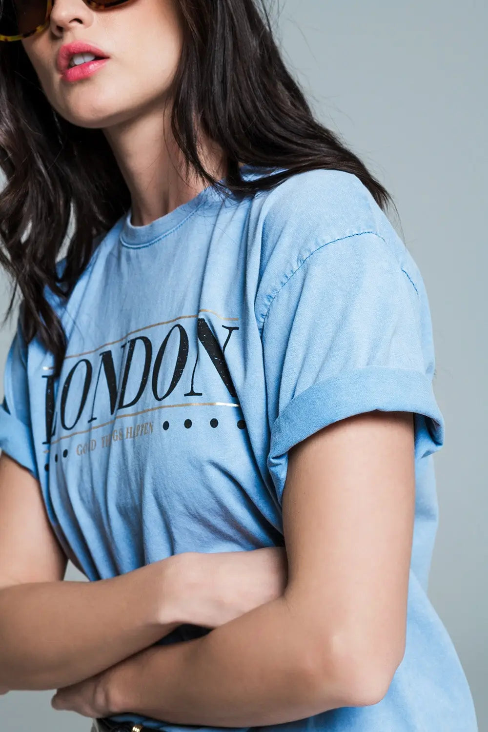 relaxed fit T-shirt in washed baby bue with london logo - One Size / Blue - Tops