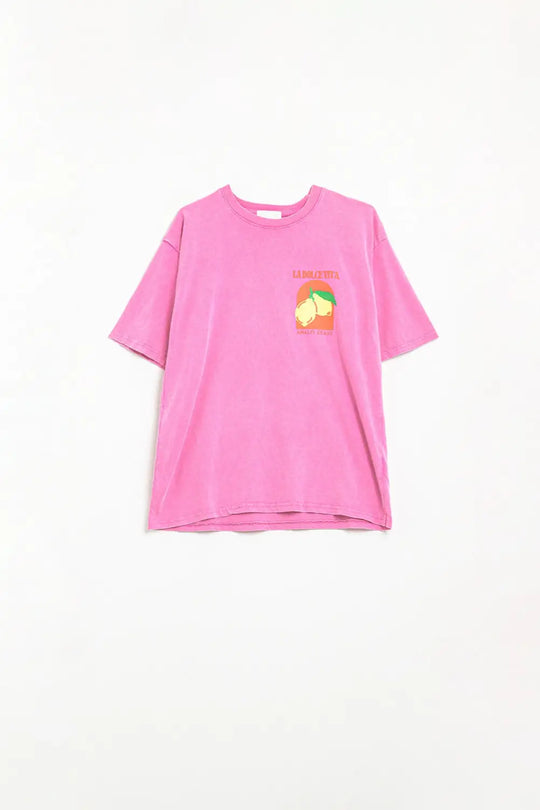 Q2 Relaxed Fit T-Shirt With La Dolce Vita Print in Pink