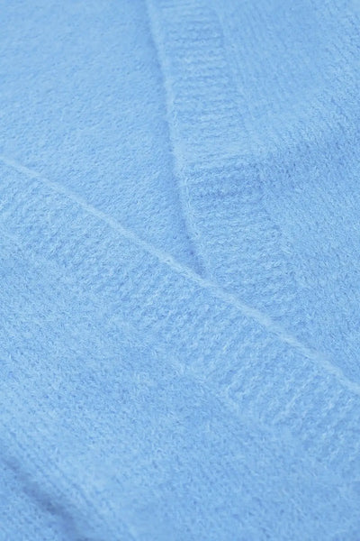 Relaxed fluffy knit open cardigan in baby blue with rib at them and cuffs - Sweaters
