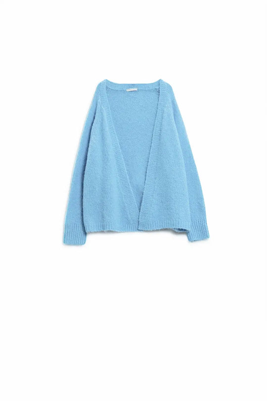 Relaxed fluffy knit open cardigan in baby blue with rib at them and cuffs - Sweaters