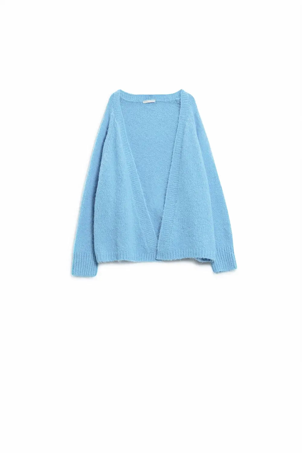 Relaxed fluffy knit open cardigan in baby blue with rib at them and cuffs - Sweaters