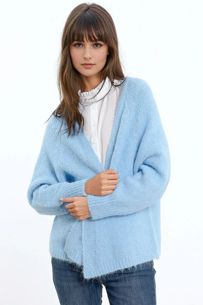 Q2 Relaxed fluffy knit open cardigan in baby blue with rib at them and cuffs