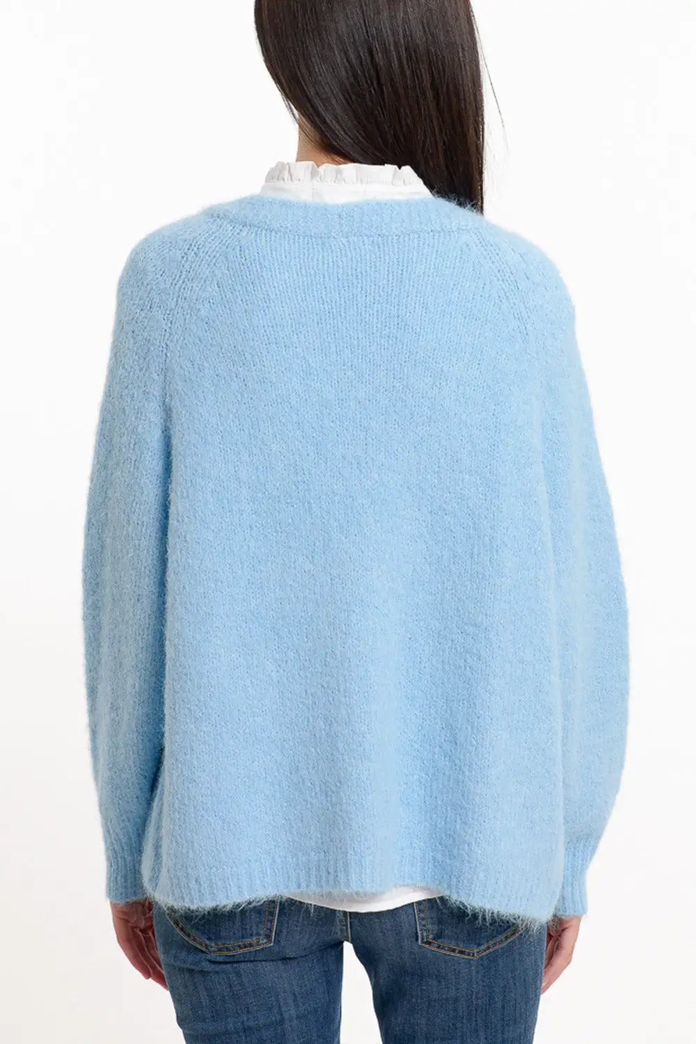 Relaxed fluffy knit open cardigan in baby blue with rib at them and cuffs - Sweaters