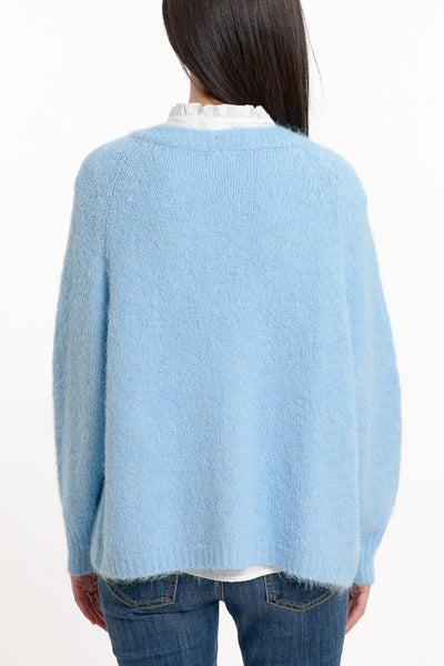 Relaxed fluffy knit open cardigan in baby blue with rib at them and cuffs - Sweaters