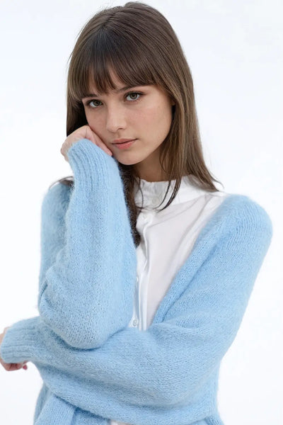 Relaxed fluffy knit open cardigan in baby blue with rib at them and cuffs - Sweaters