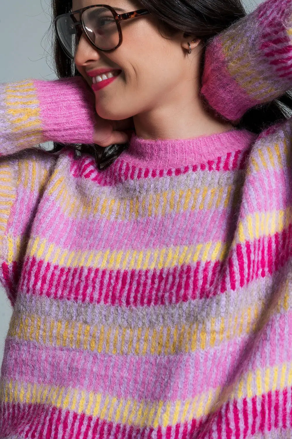 Relaxed Horizontal Stripe Sweater in Pink Fuchsia and Yellow - One Size / Pink - Sweaters