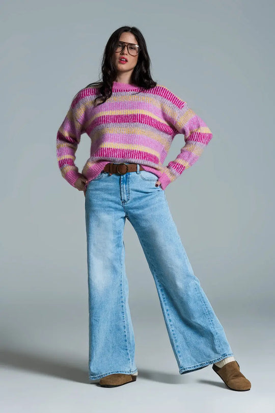 Relaxed Horizontal Stripe Sweater in Pink Fuchsia and Yellow - One Size / Pink - Sweaters