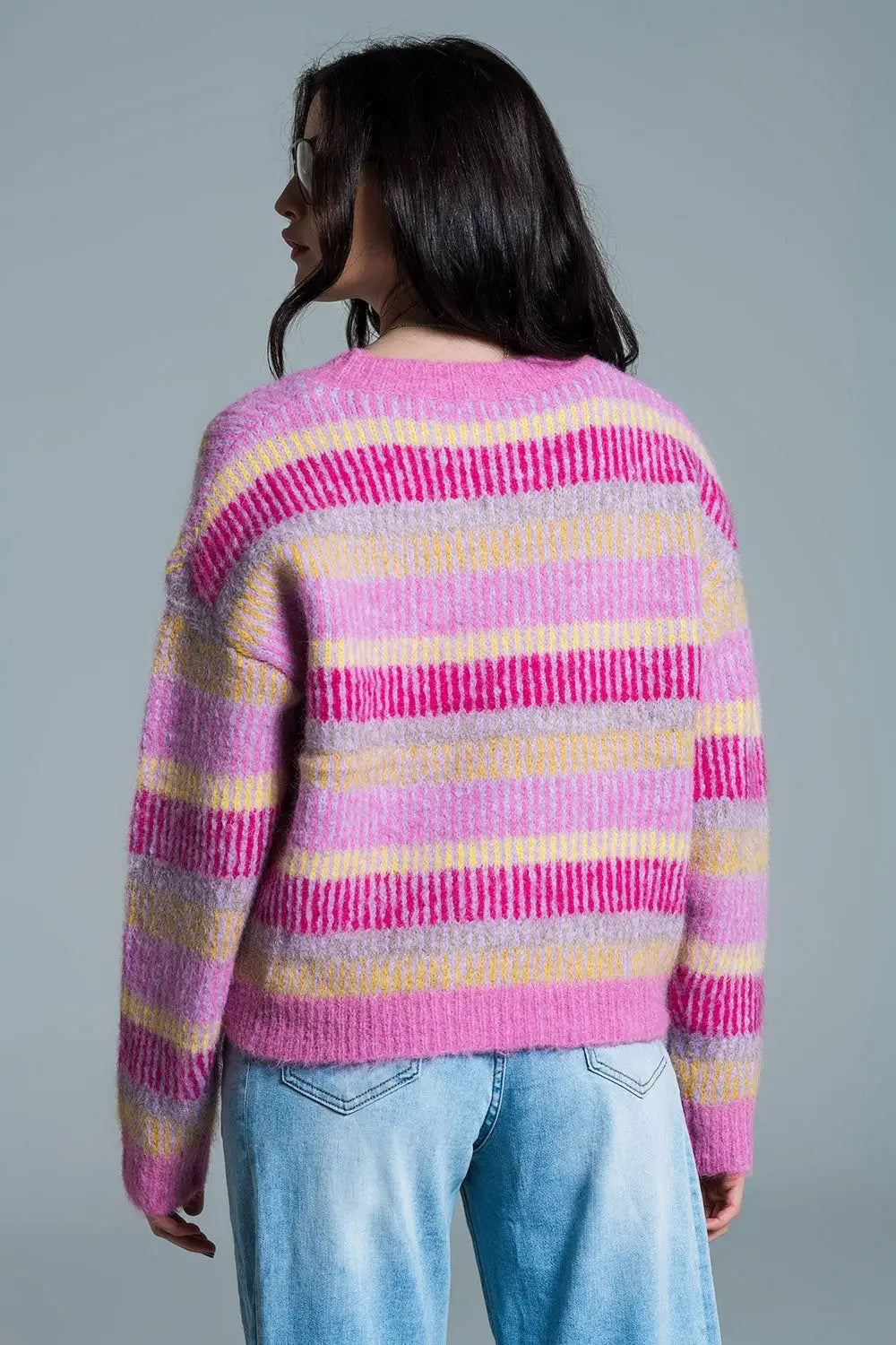 Relaxed Horizontal Stripe Sweater in Pink Fuchsia and Yellow - One Size / Pink - Sweaters