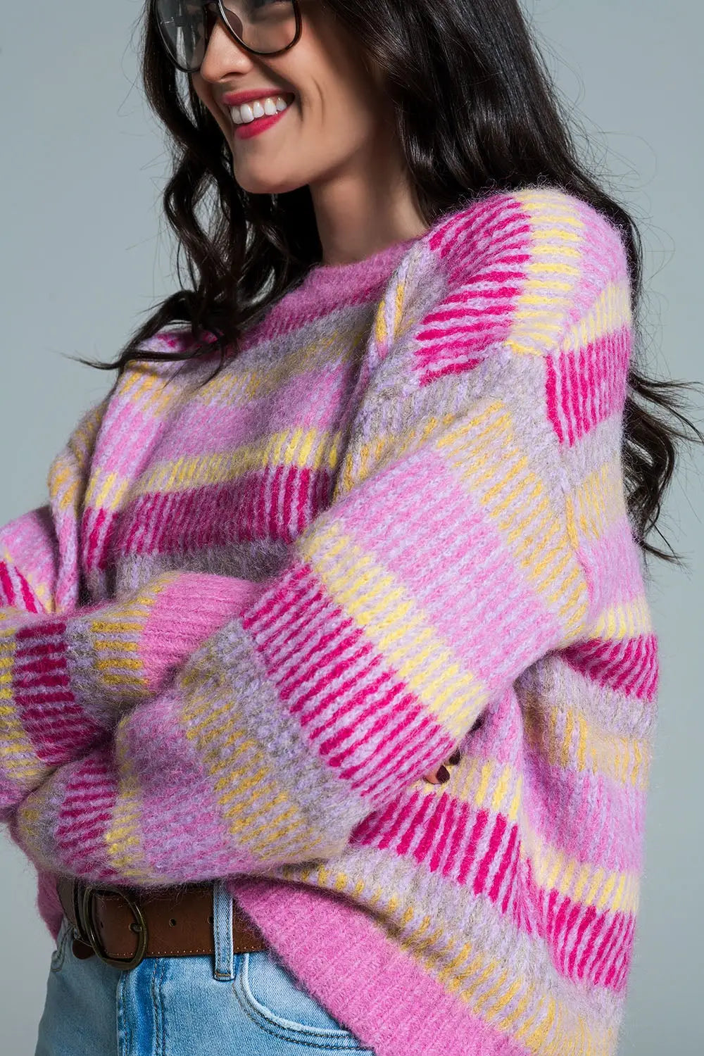 Relaxed Horizontal Stripe Sweater in Pink Fuchsia and Yellow - One Size / Pink - Sweaters