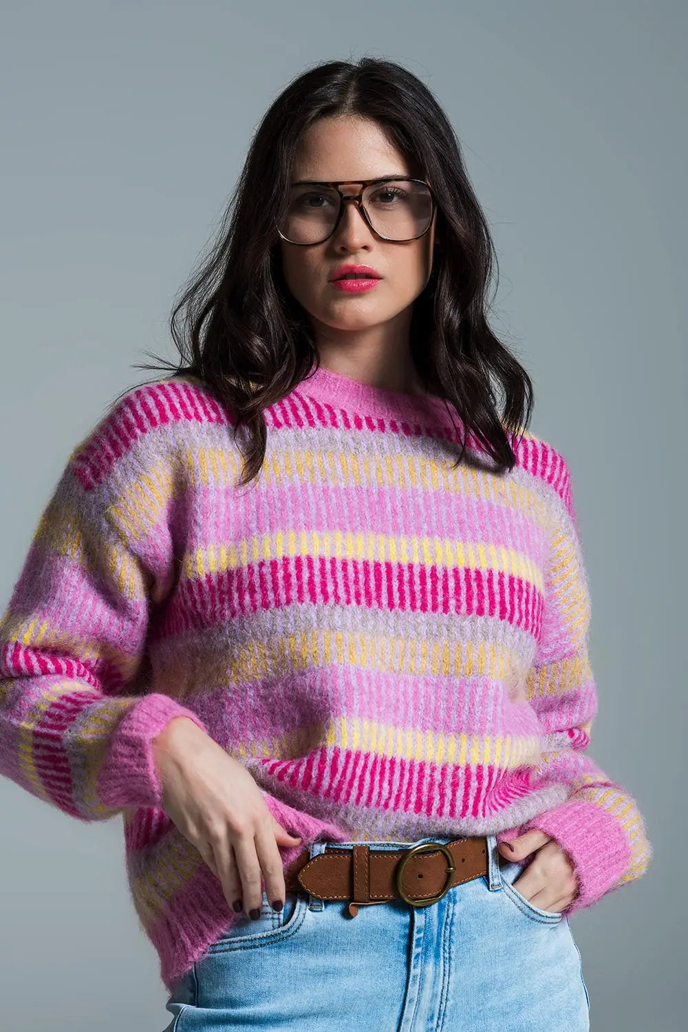 Relaxed Horizontal Stripe Sweater in Pink Fuchsia and Yellow - One Size / Pink - Sweaters