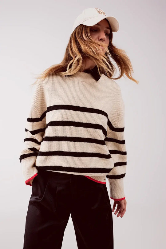 Relaxed jumper in stripe pattern in beige - One Size / Beige - Sweaters
