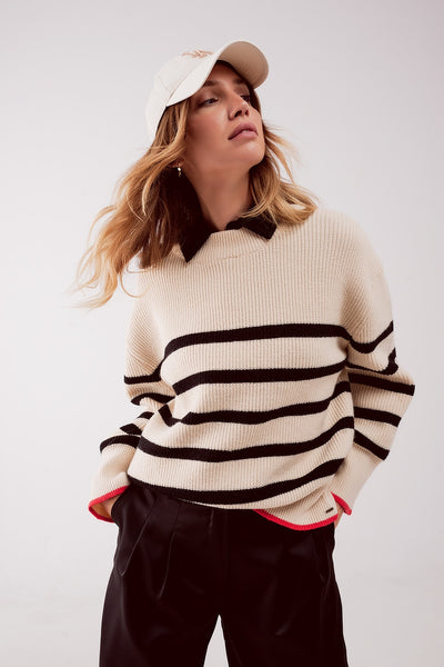 Q2 Relaxed jumper in stripe pattern in beige