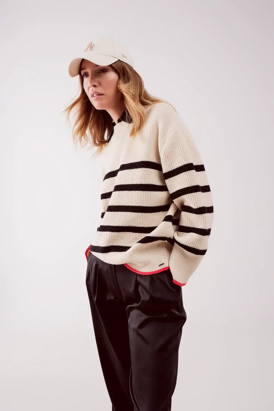 Relaxed jumper in stripe pattern in beige - One Size / Beige - Sweaters