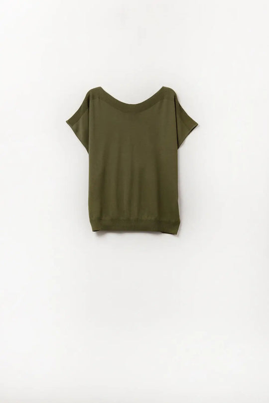 Q2 Relaxed khaki boatneck sweater with dropped sleeves