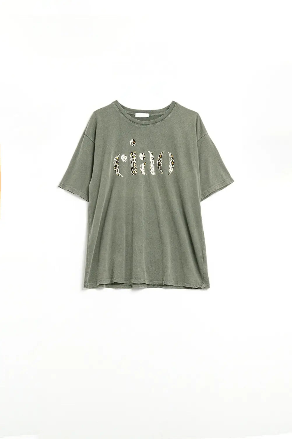 Q2 relaxed Khaki T-shirt With Ciao in Leopard Print