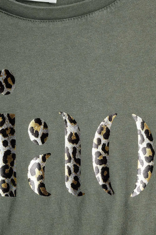 relaxed Khaki T-shirt With Ciao in Leopard Print - One Size / Green - Tops