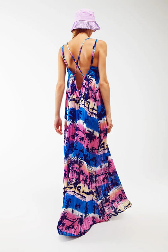Relaxed Open Back Maxi Dress In Tropical Blue Print - Dresses